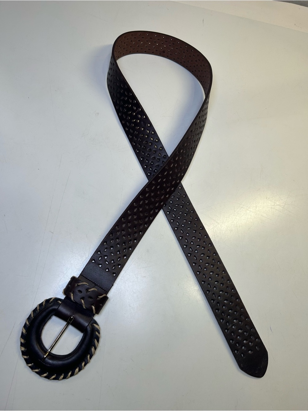 Brown Perforated Leather Belt Wrapped Buckle Whipstitch Detail One Size/L - Picture 6 of 12